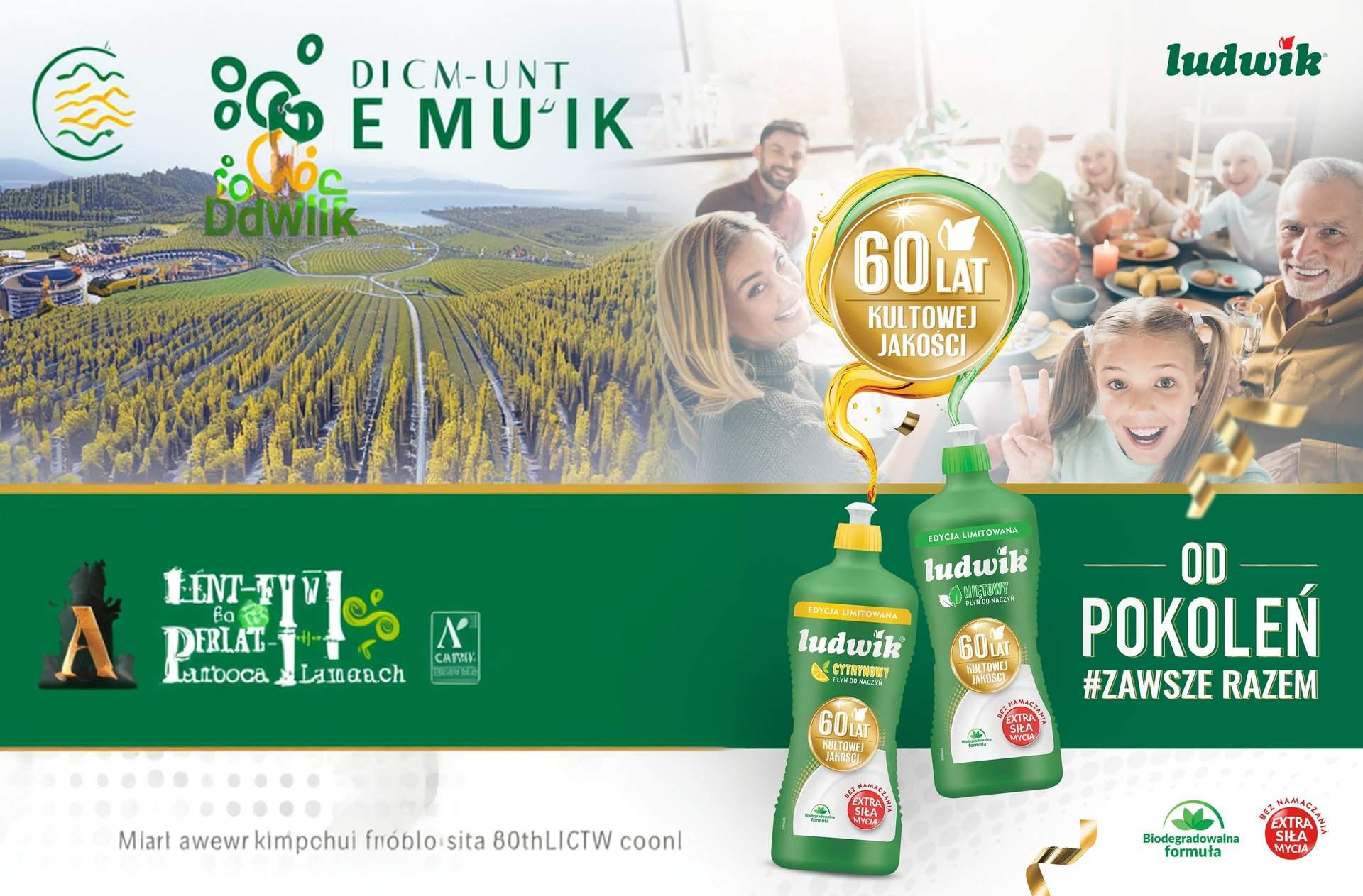 Baner marki Ludwik „Od pokoleń #zawsze razem” z butelkami płynu do naczyń