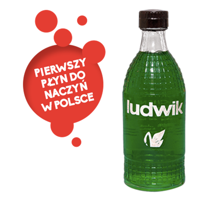 Zabytkowa szklana butelka płynu Ludwik z odznaką: Pierwszy płyn do naczyń w Polsce