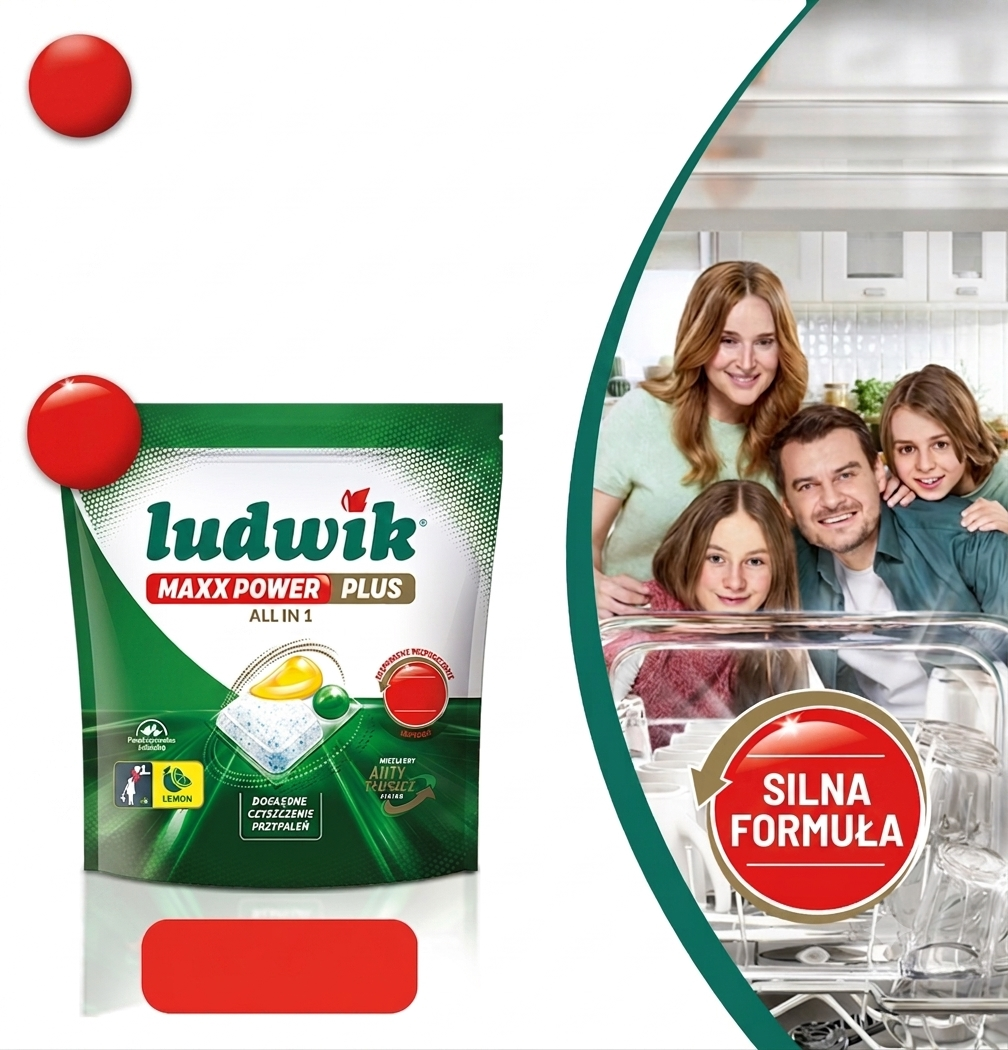 Kapsułki do zmywarki Ludwik Maxx Power Plus na tle rodziny wyjmującej naczynia ze zmywarki